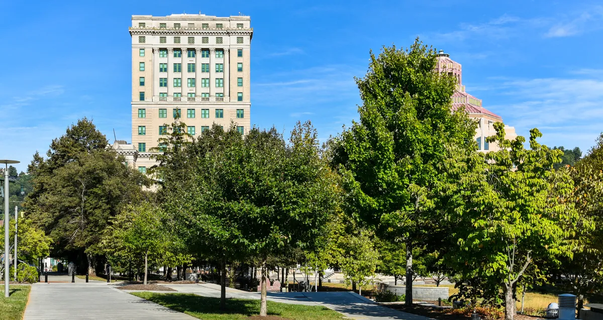 An inviting pathway lined with lush trees leads toward a tall building, suggesting opportunities for scenic walks, jogging, and picnicking. The interplay of greenery and urban architecture reflects the natural beauty and outdoor appeal of Asheville.