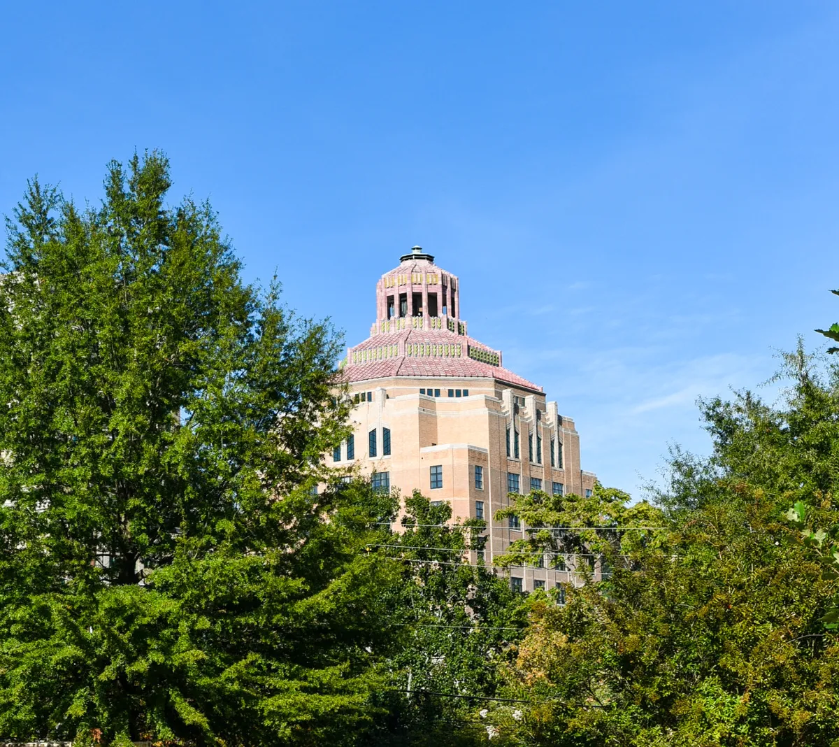 This exterior image showcases the ornate dome and unique architectural design of a grand historical building, surrounded by lush greenery. The scene evokes a sense of discovery and the rich history of Asheville's iconic landmarks, capturing a moment where visitors are drawn to explore the cultural and architectural gems of the area.